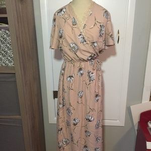 Mauve Pink Floral Print Maxi Dress Lace Trim